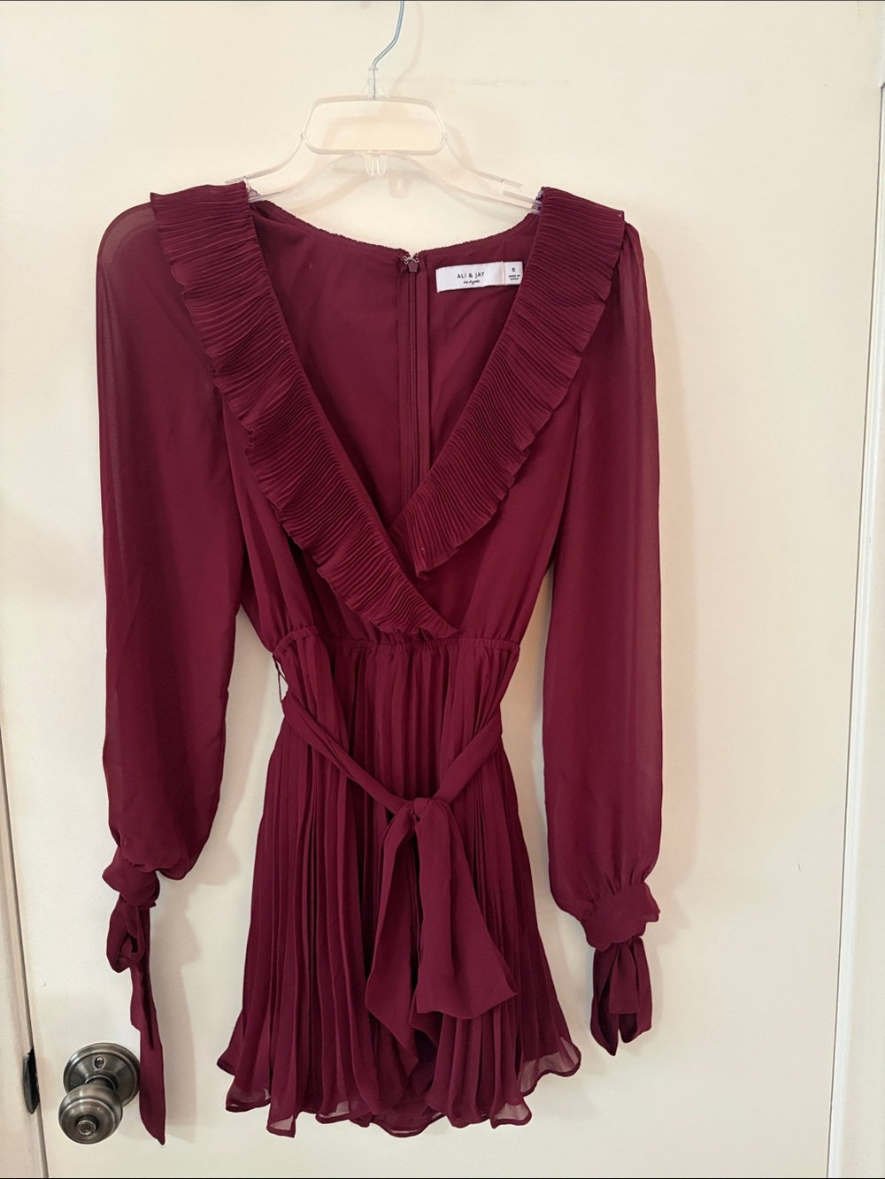 ALI & JAY Burgundy Pleated V-Neck Long Sleeve Romper Dress